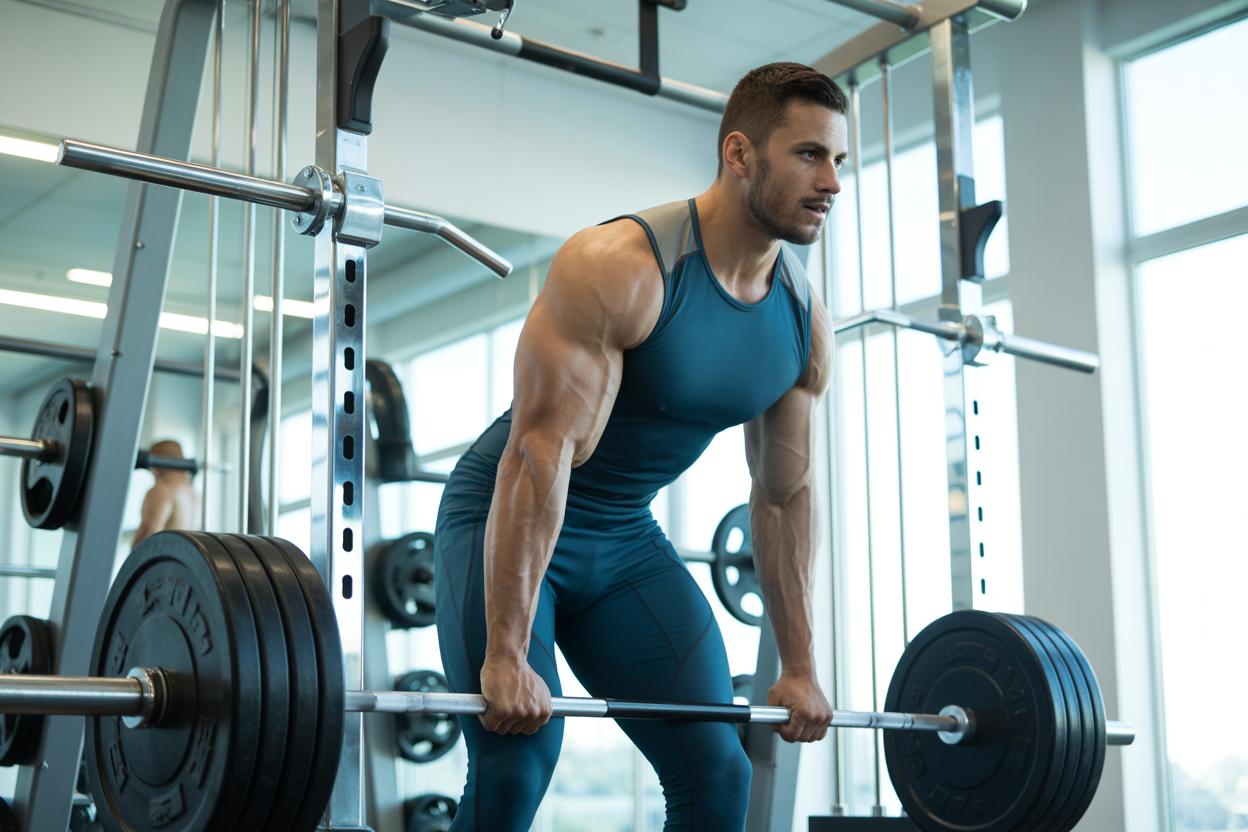 Pessoa realizando exercício de musculação com pesos