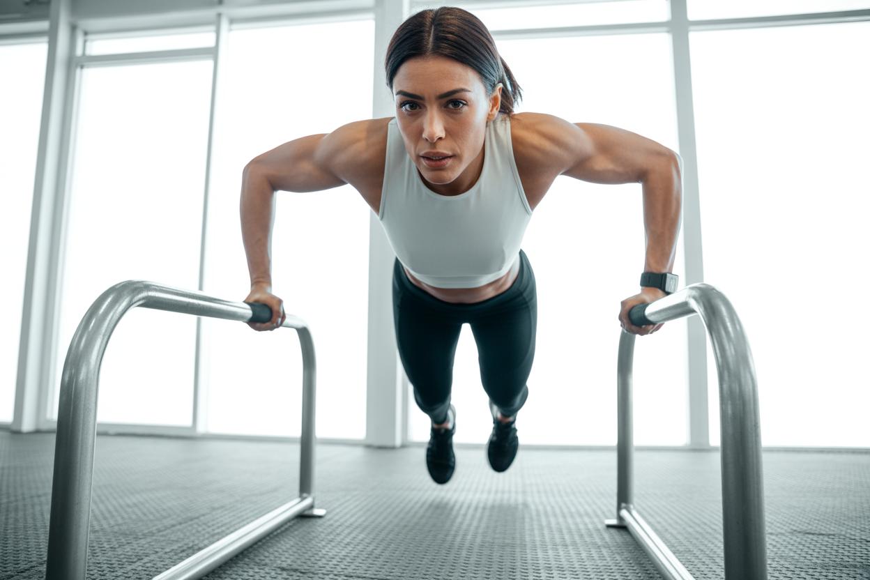 Mulher realizando exercício de flexão de braço em casa