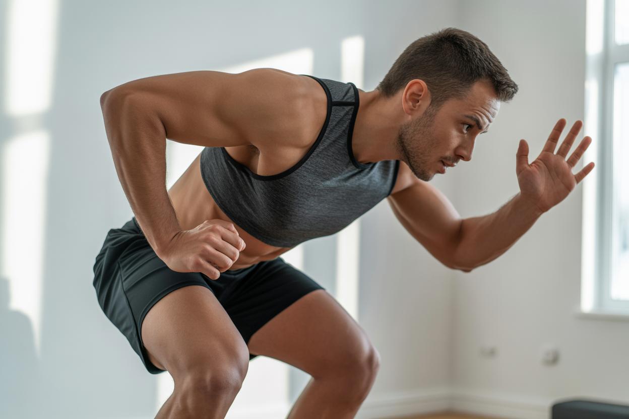 Pessoa realizando exercícios físicos em casa por 5 minutos
