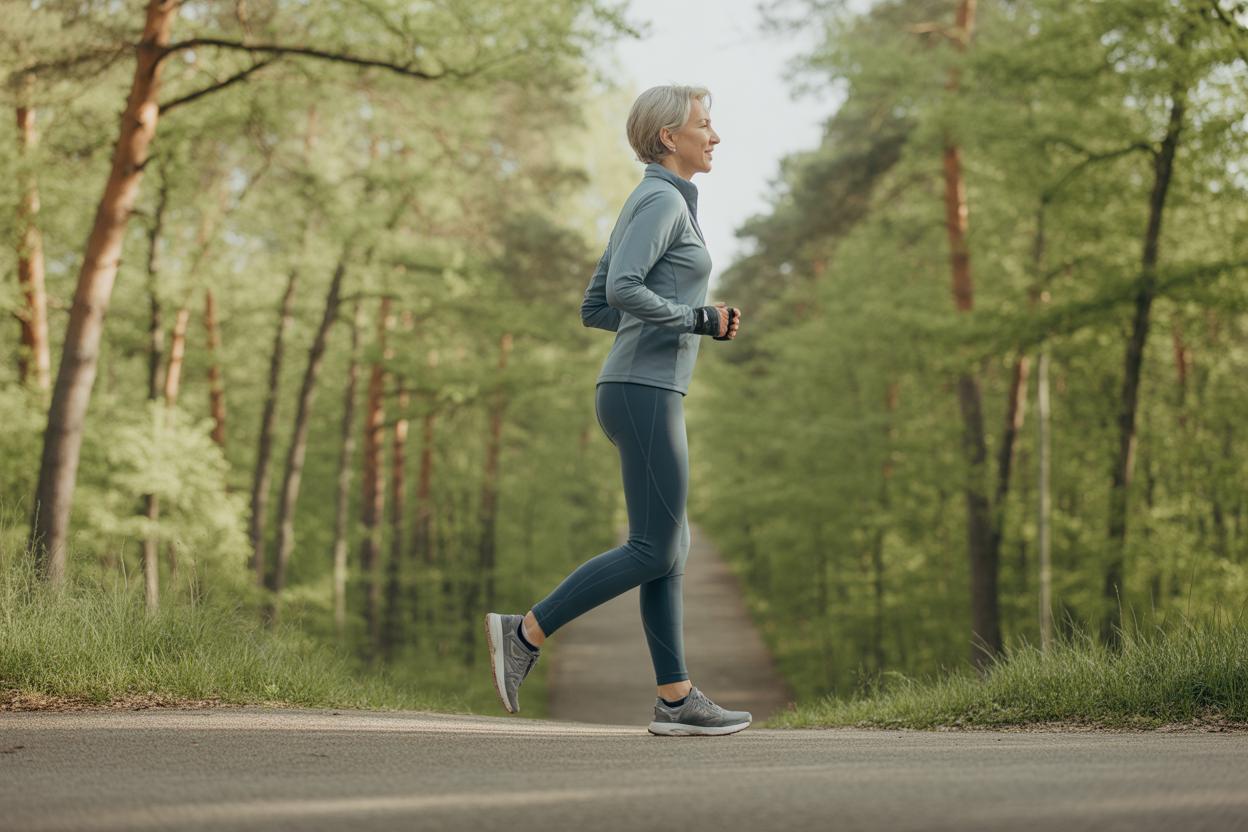 Pessoa caminhando ao ar livre em ambiente arborizado para melhoria da saúde