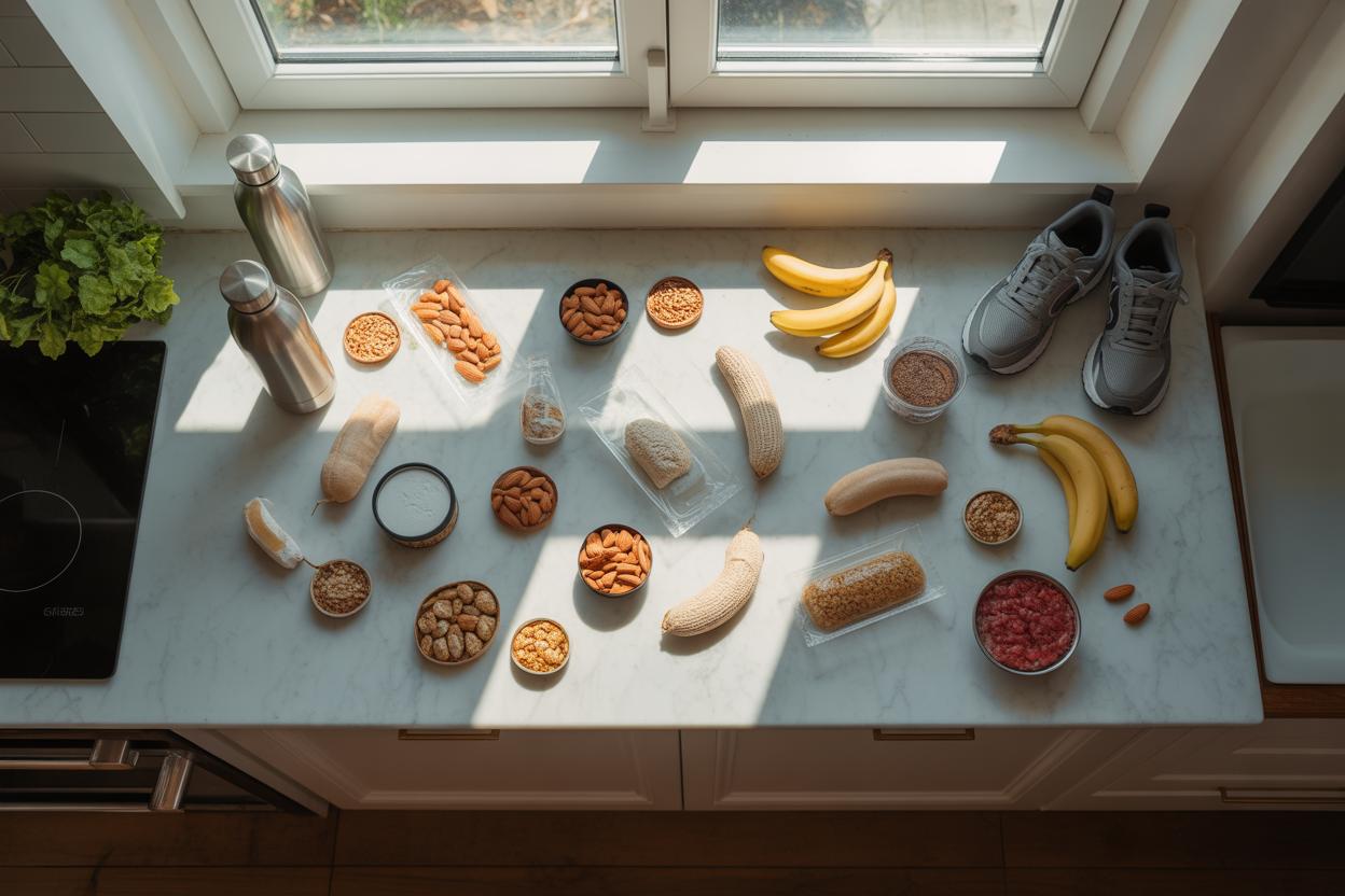 Alimentos ideais para consumo pré-treino dispostos em uma mesa