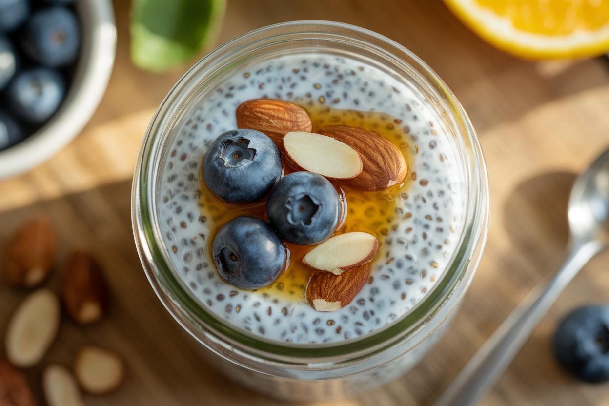 Sementes de chia em uma colher de madeira sobre mesa rústica