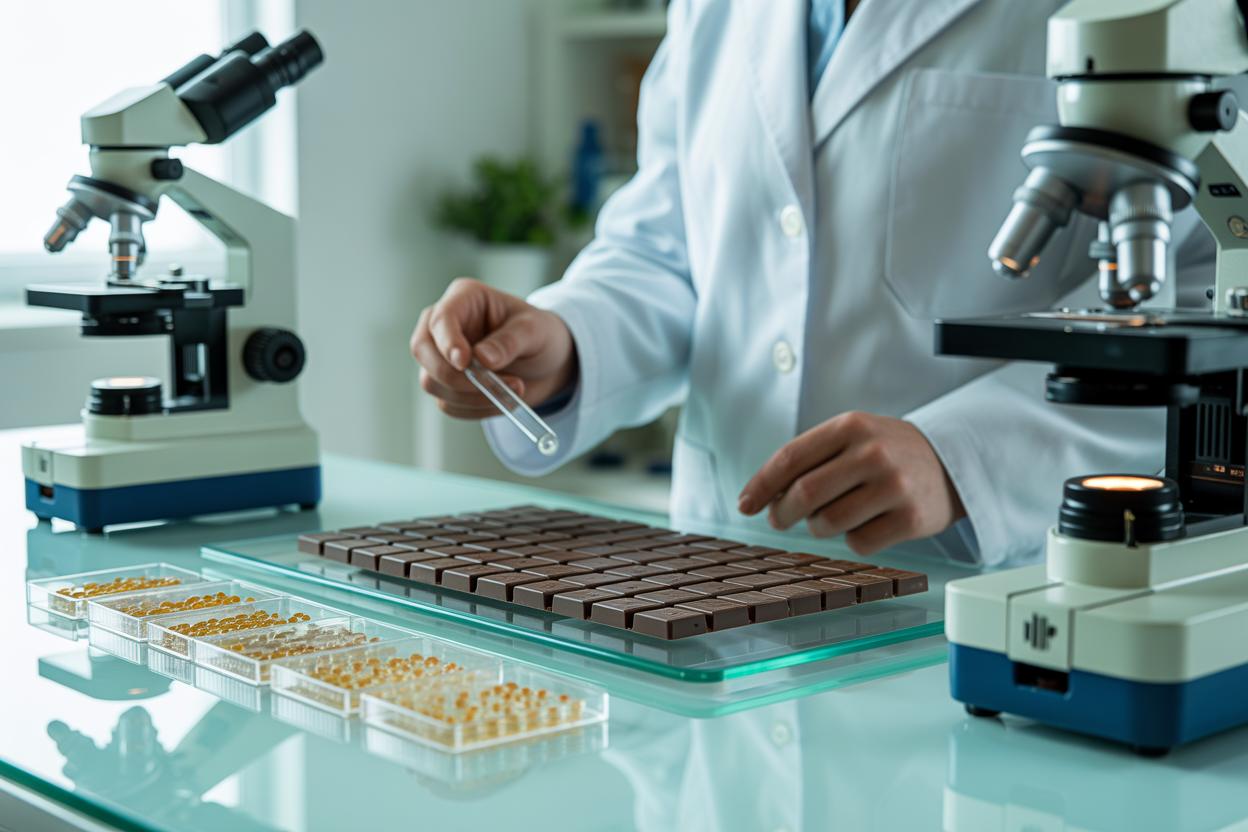 Chocolate probiótico com pedaços de cacau e ingredientes funcionais