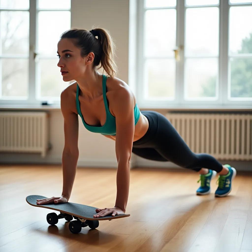 Demonstração do exercício skate em casa para fortalecimento abdominal e glúteos