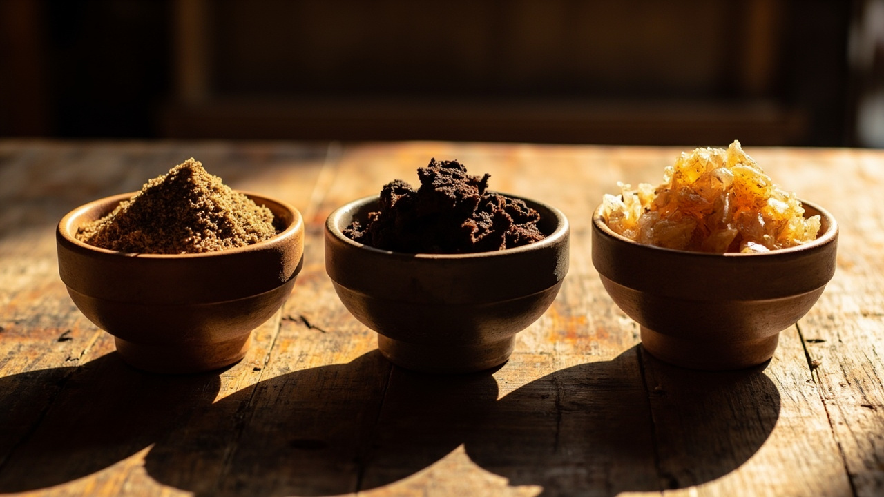 Comparacao de tres acucares naturais - de coco, mascavo e demerara - em tigelas de ceramica rustica sobre mesa de madeira